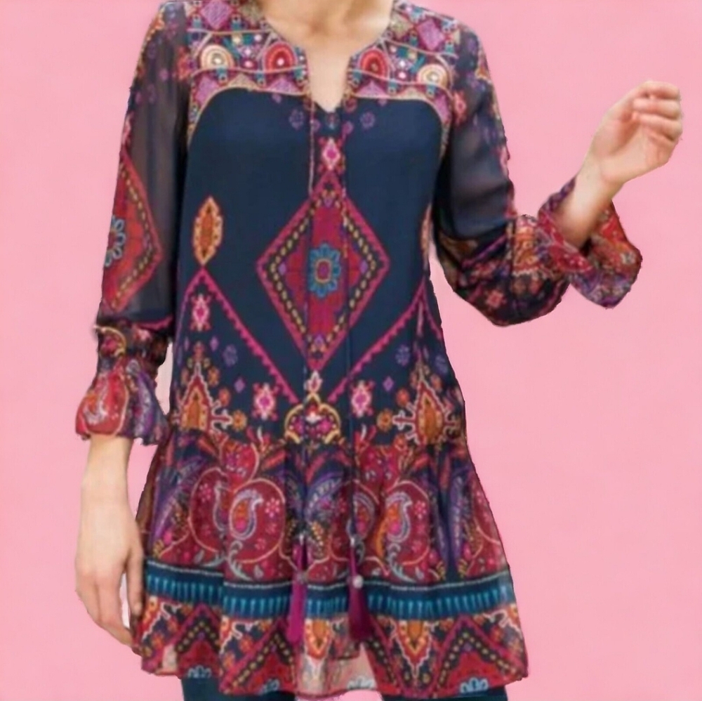 Soft Surroundings Boho Iskra Printed Embroidered Dress